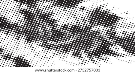 A monochrome abstract background featuring a dense pattern of black dots on a white base, creating a distressed, textured effect.