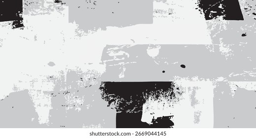 Un fondo abstracto monocromo con salpicaduras de pintura afligida, pinceladas ásperas y parches texturizados en negro, blanco y varios tonos de gris.