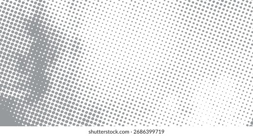 Um plano de fundo abstrato monocromático com um padrão de tela de meio-tom. Os pontos criam um gradiente diagonal de cinza escuro a branco, com uma textura angustiada, granulada e retrô.