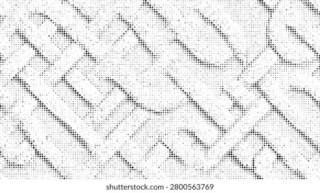 A monochrome abstract background with a grid of small black dots that form a complex, labyrinthine pattern across a bright white surface.