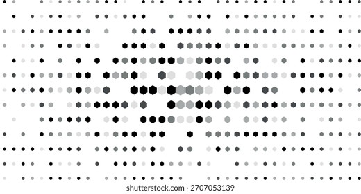 Um plano de fundo abstrato monocromático com um efeito de meio-tom, apresentando um padrão de pontos e hexágonos em vários tons de cinza que criam uma sensação de profundidade e foco no centro.