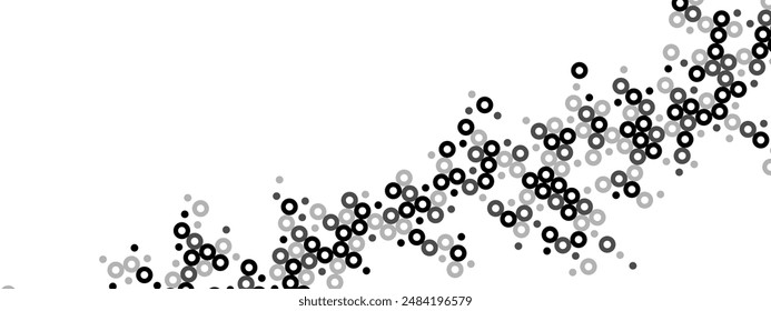 Monochrome abstract background of hollow dots. Mosaic texture of random particles. Chaotic ornament. Linear pattern. Design of banner, poster on website, frame for social networks. Vector illustration