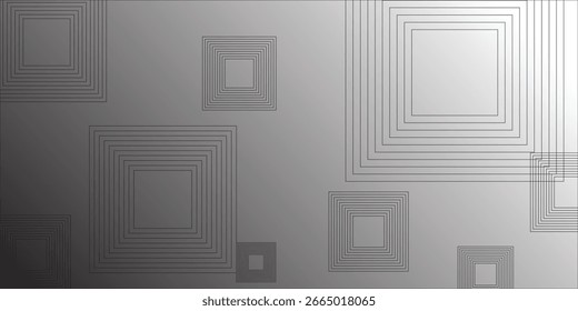 Plano de fundo abstrato monocromático com padrões de linha quadrada em camadas sobre um tom cinza de gradiente. Ideal para designs modernos, tecnológicos ou minimalistas. Resumo, Quadrados, Monocromáticos, Gradiente, Mínimo.