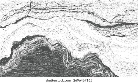 Fondo abstracto monocromo con líneas onduladas en capas y puntos texturizados que crean una sensación de profundidad.