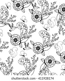  monochrome abstract background with tsvetami and branches and squirrels and butterflies on a white background, can be used for printing onto fabric and colouring page