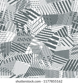 Monochrome abstract background vector collage with discontinue, grungy, jagged shapes. Concept low-poly seamless pattern.