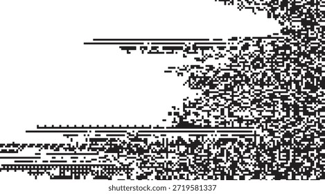 Composición abstracta monocromática con densos píxeles en blanco y negro que forman Formas fragmentadas y líneas distorsionadas, creando una textura dinámica inspirada en fallas perfecta para fondos digitales