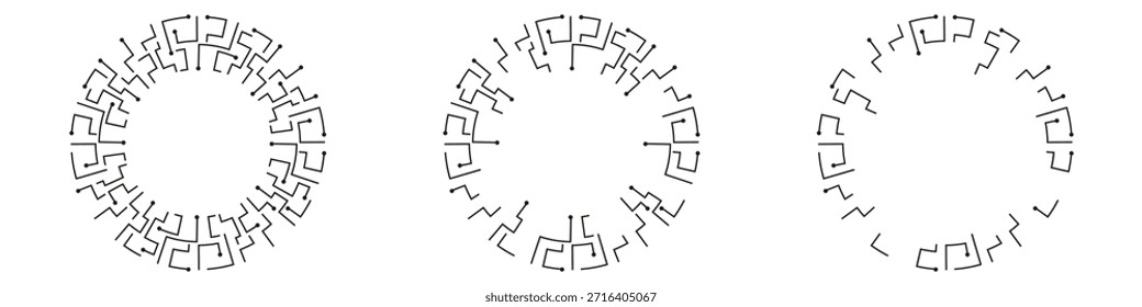 Diseño de círculo cibernético abstracto monocromático con intrincados patrones geométricos y líneas.