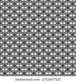 Un diseño abstracto monocromo presenta un patrón denso y repetitivo de Formas hexagonales y de diamante entrelazadas. La teselación crea una ilusión óptica visualmente compleja e hipnotizante.