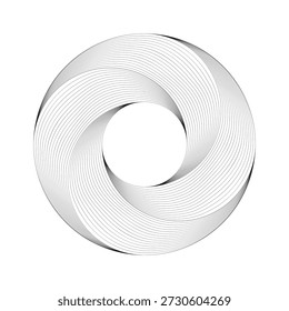 Um design abstrato monocromático apresentando uma forma circular com linhas giratórias criando uma ilusão óptica de profundidade e movimento.