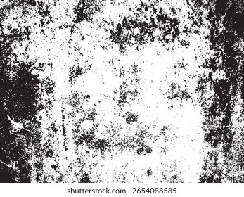A monochrome abstract design featuring a dense, irregular pattern of black specks and shapes against a white background, rendered in a silhouette style.