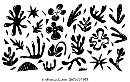Monochrome abstract elements with figures, birds and plants. Vector.