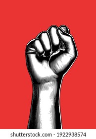 Monochrome abstract engraved drawing of human fist raised up vector illustration high contrast woodcut print style isolated on red background