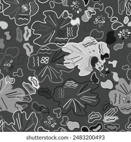 Monochrome abstract floral pattern, seamless nature-inspired design, perfect for backgrounds or textiles.