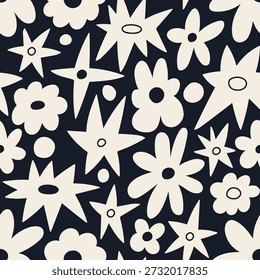 Patrón sin costuras floral Abstractas monocromo. Perfecto para el diseño textil, fondos creativos o papel de regalo. Flores y estrellas ingenuas sobre fondo negro. 