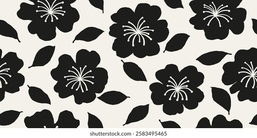 Monochrome abstract florals seamless pattern. Hand drawn flowers background. Modern print in black and white.