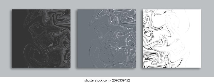 Monochrome abstract geometric background. Fluid marble texture. Modern covers set. Black and white. Vector illustration.