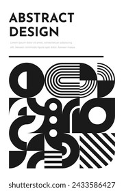 Monochrome abstract geometric pattern banner vector template. Modern graphic shapes grid composition with circles, squares and lines. Black white minimalist poster with abstract geometric mosaic