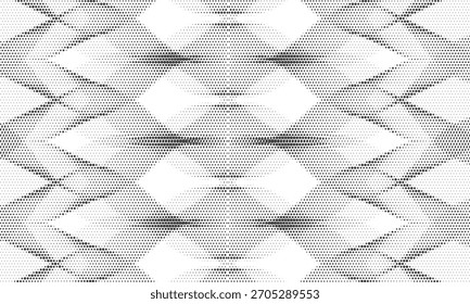 Padrão geométrico abstrato monocromático com efeito de meio-tom, criando um plano de fundo visualmente dinâmico e texturizado para várias aplicações de design.