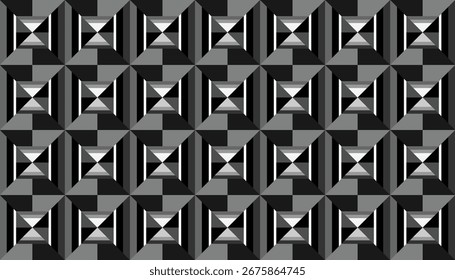 Monochrome abstract geometric pattern with layered triangles and squares creating 3D optical illusion