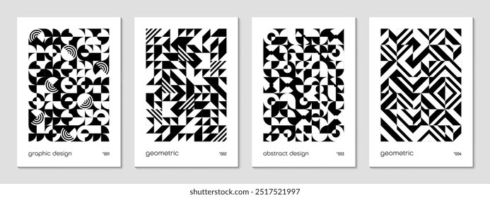 Monochrome abstract geometric poster templates featuring black and white pattern of shapes and lines, creating a modern and artistic aesthetic. Vector vertical cards or layouts with contemporary art