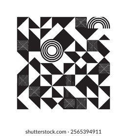 Monochrome abstract geometric poster templates featuring black and white pattern of shapes and lines, creating a modern and artistic aesthetic. Vector vertical cards or layouts with contemporary art