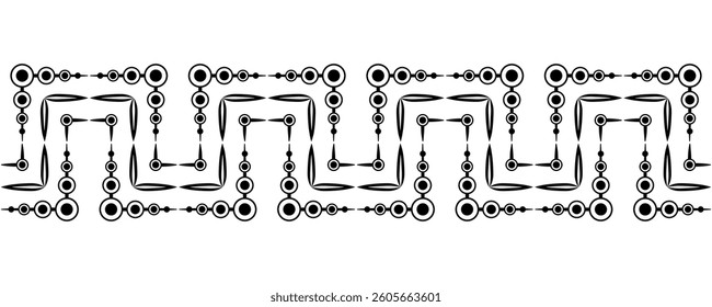 Monochrome abstract geometric seamless border. Black circle and curved lines. Parallel and perpendicular lines. Complex zigzag black shapes on white background. Clear strict ornament
