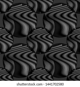 Monochrome abstract geometric seamless pattern with circle shapes and linear hipnotic texstures.