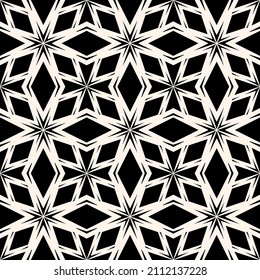 Monochrome abstrakte geometrische nahtlose Muster. Einfache Vektorstruktur Blumenformen, Sterne, Hombusse, Diamanten, Raster. Stilvoll, modern, schwarz-weißer Hintergrund im orientalischen Stil. Elegantes Ornament