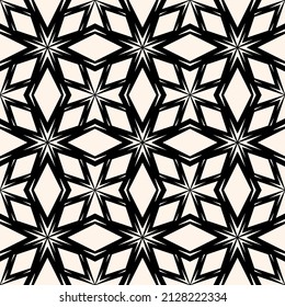 Patrón geométrico sin soldadura monocromo abstracto. Sencilla textura vectorial de formas florales, estrellas, rombos, diamantes, rejilla, entramado. Elegante decoración moderna en blanco y negro con un toque oriental