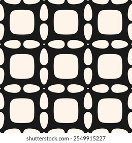 Monochrome abstract geometric seamless pattern. Simple vector texture with curved shapes, tiles, grid, lattice, mesh, net. Black and white ornament background. Repeat design for decor, textile, print