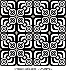 Monochrome abstract geometric vector background. Seamless black and white square and circle pattern. EPS10 vector illustration for fabric, wrapping paper, texture, fashion design. 