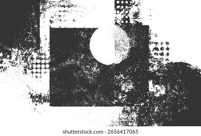 A monochrome abstract graphic featuring distressed textures, geometric shapes, and dot patterns.