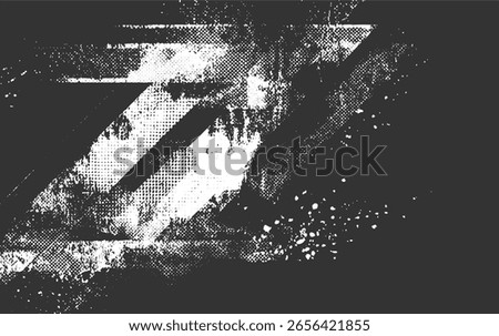 Monochrome abstract graphic featuring distressed diagonal lines and dot patterns on a dark background.