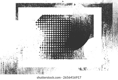 Monochrome abstract graphic with geometric shapes and distressed texture overlay.