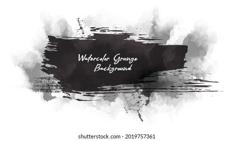 Monochrome abstract grunge background. The watercolor ink blot spreads over the watercolor paper. Space for text on a black paint stroke. Trending creative art background.