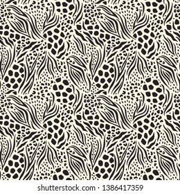 Monochrome Abstract Hand Drawn Combined Animal Skin Vector Seamless Pattern. Brown and Off White Trendy Fashion Print