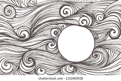 Monochrome abstract hand-drawn frame with waves or clouds. Background with linear doodles, scales, diagonal waves, hand drawn graphics.
Vector cloudy striped pattern with place for your text.