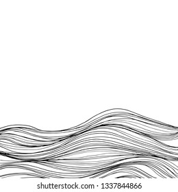 Monochrome abstract hand-drawn pattern, waves and clouds background. Hipster prints, backgrounds with linear doodles, scales, diagonal waves, hand drawn graphics.
Wavy striped pattern black and white.