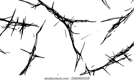 A monochrome abstract illustration featuring jagged, thorn-like lines against a white background, creating a sense of tension and complexity.