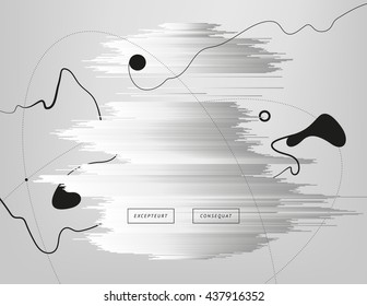 Monochrome abstract illustration. Glitched metallic structures with flowing ink ribbons and round geometric shapes. Element of design for poster, cover, invitation, business card, postcard or web.