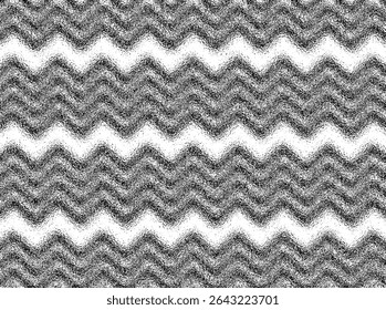 
A monochrome abstract image features horizontal wavy lines, creating a textured pattern reminiscent of a distorted or rippled surface. The design alternates between dark, granular waves and lighter.