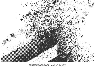 Una Imagen abstracta monocromática con una densa salpicadura de puntos negros y un patrón de semitono diagonal sobre un fondo blanco.