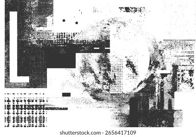 A monochrome abstract image featuring geometric shapes and textured patterns with a distressed effect.