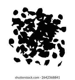 A monochrome abstract image featuring a large black ink splotch on a white background. The splotch is composed of irregular shapes and has a slightly messy texture. 