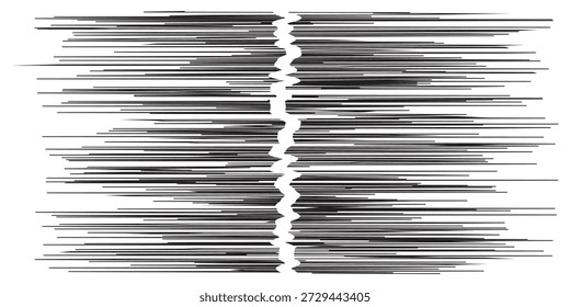 A monochrome abstract image featuring numerous horizontal lines with a distinct jagged vertical division in the center.