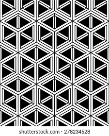 Monochrome abstract interweave geometric seamless pattern. Vector black and white illusory backdrop with three-dimensional intertwine figures. Graphic contemporary covering.