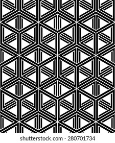 Monochrome abstract interweave geometric seamless pattern. Vector black and white illusory backdrop with three-dimensional intertwine figures. Graphic contemporary covering.