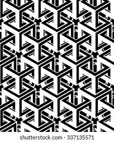 Monochrome abstract interweave geometric seamless pattern. Vector black and white illusory backdrop with three-dimensional intertwine figures. Graphic contemporary covering.