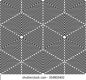 Monochrome abstract interweave geometric seamless pattern. Vector black and white illusory backdrop with three-dimensional intertwine figures. Graphic contemporary covering.